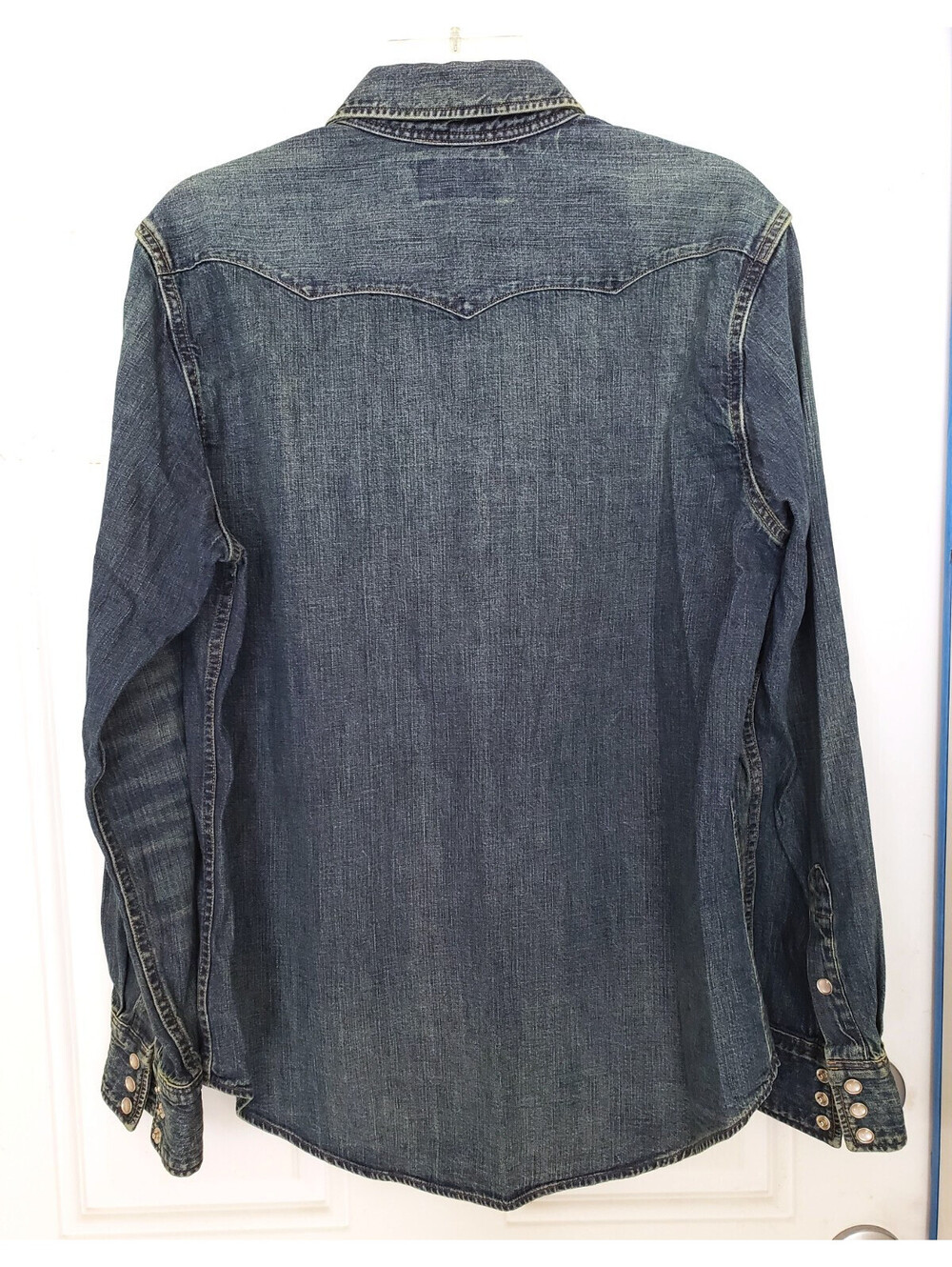 RRL Ralph Lauren Western Denim Snap Bottom Shirt Distressed Indigo men Size M - Picture 2 of 7